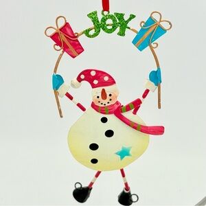 Festive Snowman Metal Christmas Ornament with Joy Sign 6.75” x 3”